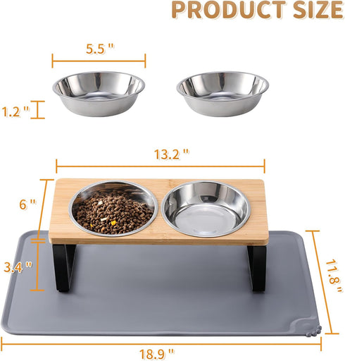Upgraded Elevated Cat Bowls with Food Mat, 15° Tilted Stand, Anti-Vomiting Raised Dishes, 2 Stainless Steel Bowls