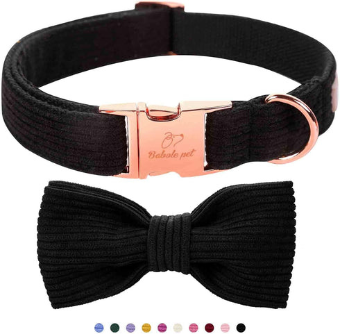 Black Dog Collars for Small Dogs, Cute Corduroy Dog Collar with Bow Tie, Adjustable Puppy Collars for Small Medium