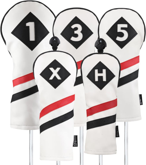 Majek Retro Golf Headcovers, White Red and Black Vintage Leather Style for 1, 3, 5, X H Driver Fairway Covers