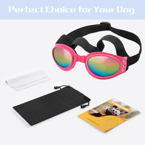 QUMY Dog Sunglasses - Goggles for Medium Large Breed Dogs, Pink, with Adjustable Strap for Protection