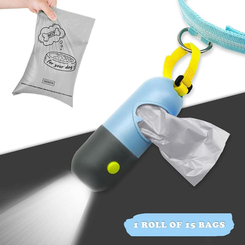 Dog Poop Waste Bags Holder with LED Flashlight, Cute Poo Bags Dispenser for Pet Leash, 2 Pack (Sky Blue)