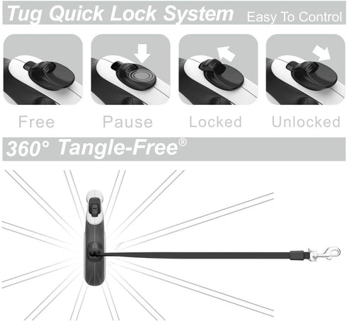 TUG 360° Tangle-Free Retractable Dog Leash, 16 ft Strong Nylon Tape, One-Handed Brake, Medium, White