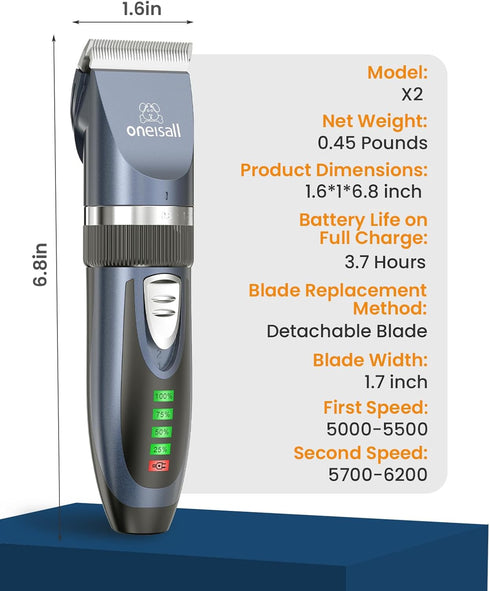 oneisall Cat Clippers for Matted Hair, Quiet Cordless Shaver for Long Hair, 2 Speed Grooming Kit (Blue)