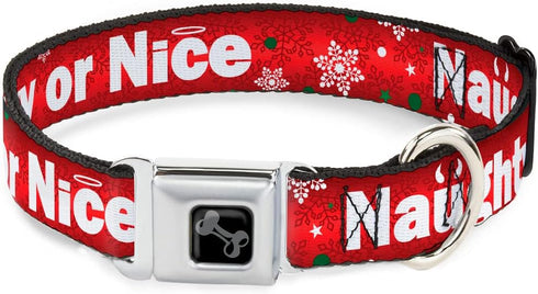 Buckle-Down Dog Collar, Wide Large, 18-32" Christmas Naughty Or Nice/Snowflakes Red/White/Green Bone
