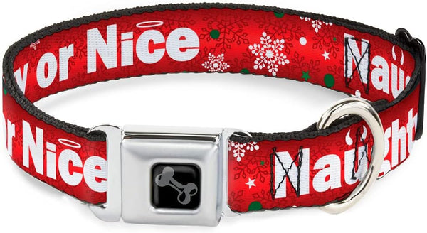 Buckle-Down Dog Collar, Wide Large, 18-32" Christmas Naughty Or Nice/Snowflakes Red/White/Green Bone