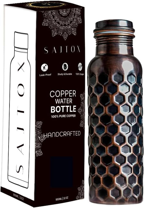 Pure Copper Water Bottle, 32oz Antique Black Diamond Ayurvedic Water Bottle with Lid for Hiking, Camping, Home, Office