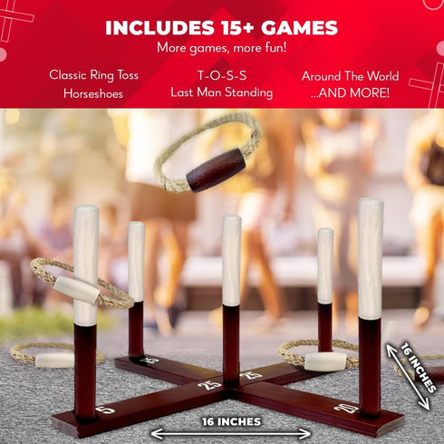 Setup Swooc Games - Rustic Ring Toss Game (All Weather) - Easy & Extra Games Included - Ring Toss Game for Adults