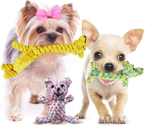 SunGrow Cotton Rope Knot Puppy & Ferret Toys, 3 Pieces, Tough Teething Chewable Teddy Bear, Giraffe, Dog, Multicolor