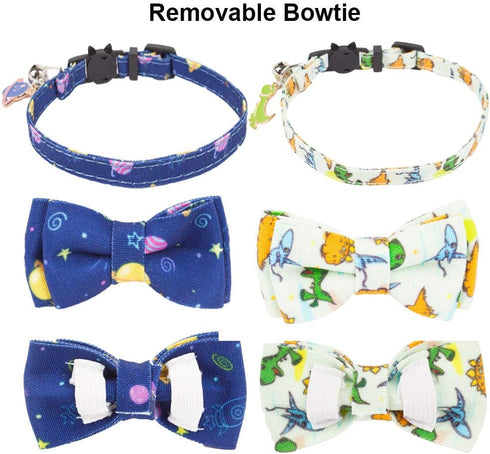 ADOGGYGO Cat Collar Breakaway, 2 Pack Kitten Collar with Removable Bowtie, Universe Dinosaur Design