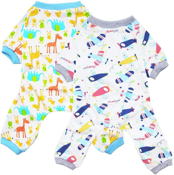 2-Pack Pet Clothes Puppy Cute Pajamas - Cotton Rompers for Dogs, Cats Jumpsuits, Plane & Giraffe, XL