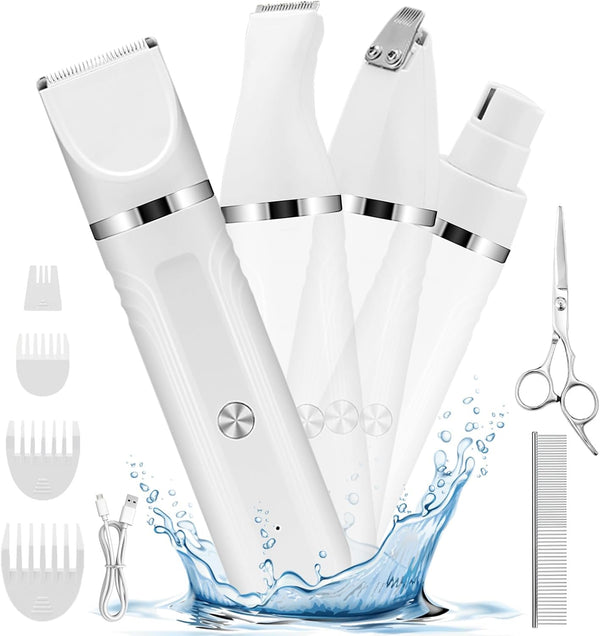 4 in 1 Dog Grooming Kit, Cordless Clippers for Grooming, Low Noise Paw Trimmer, Rechargeable Pet Hair Shaver
