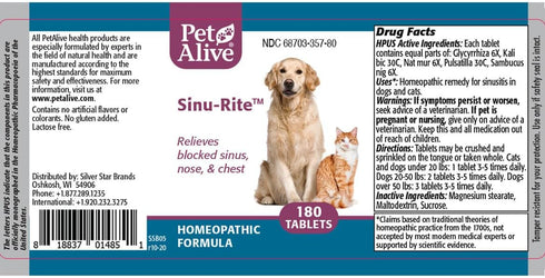 PetAlive Sinu-Rite - 180 Tablets Natural Homeopathic Formula for Allergy-Related Congestion in Dogs and Cats