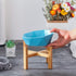 Ceramic Tilted Elevated Pet Bowl with Bamboo Stand, Blue - No Spill Feeder for Cats and Dogs