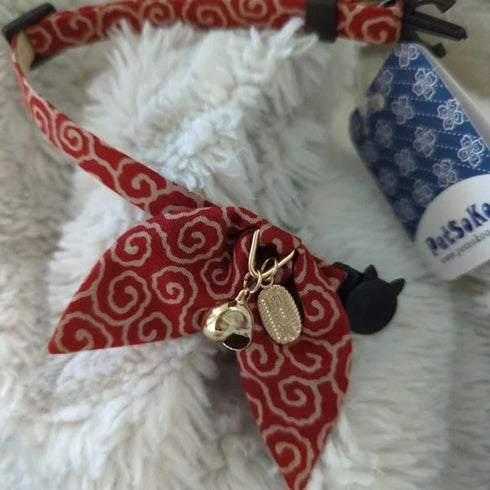PetSoKoo Bunny Ears Cat Collar with Japan Lucky ‘???’ Charm, Red Safety Breakaway Bowtie Kitten Collar with Bell