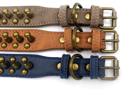 Spiked Dog Collar, Adjustable Pu Leather Pet Collars with Mushroom Rivet Studs for Cats and Dogs (L, Navy)