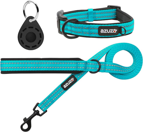 Azuza Blue Durable Padded Dog Leash and Collar Set with Airtag Holder, Reflective Strip for Small Dogs