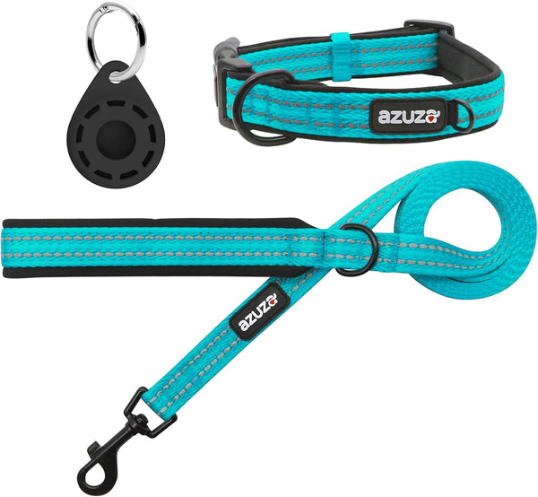 Azuza Blue Durable Padded Dog Leash and Collar Set with Airtag Holder, Reflective Strip for Small Dogs
