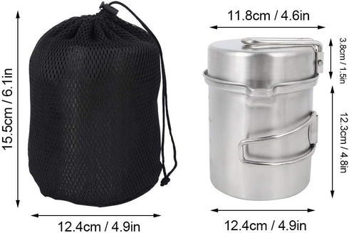 Set Keenso Stainless Steel Cookware with Foldable Handle, Compact Storage Bag, for Camping, Hiking, and Picnic