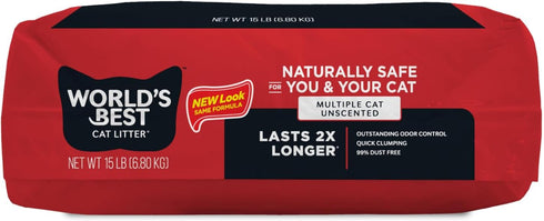 World's Best Cat Litter, 15-lbs, Multiple Cat Unscented, Natural Corn, Quick Clumping, Flushable, 99% Dust-Free,