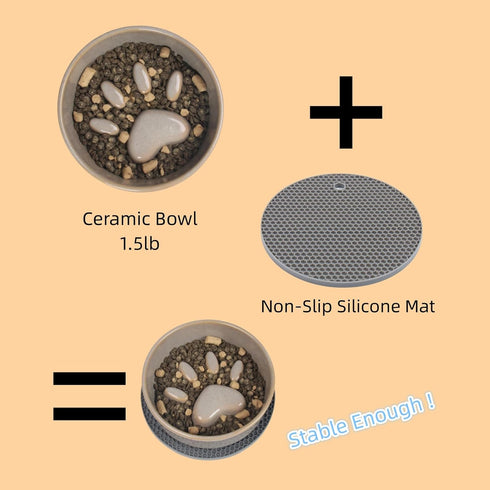 Slow Feeder Dog Bowls, Ceramic Bowl for Cats and Dogs, Non-Slip Silicone Mat, 6.2 inches Grey Pet Bowl