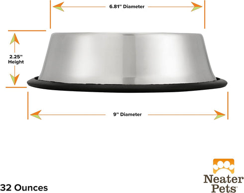 Neater Pet Brands Stainless Steel No-Skid Dog Bowl for Food or Water, 32 oz