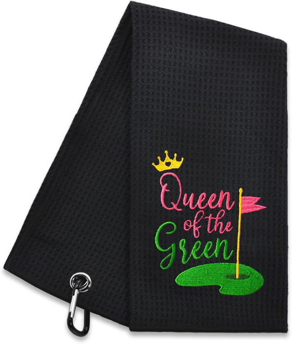 Hafhue Queen of The Green Embroidered Golf Towel - Golf Accessories Gift for Women, Retirement Birthday Gifts