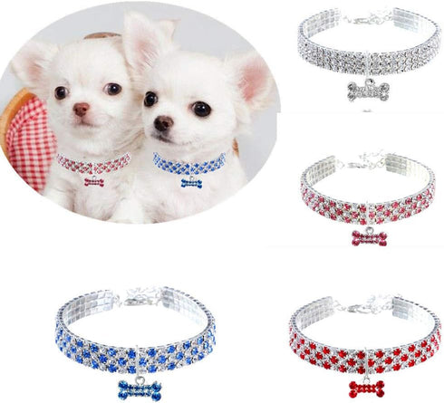 Pet Collar with Diamonds, Adjustable Crystal Diamond Elastic Bone Pendant for Small Dogs and Cats