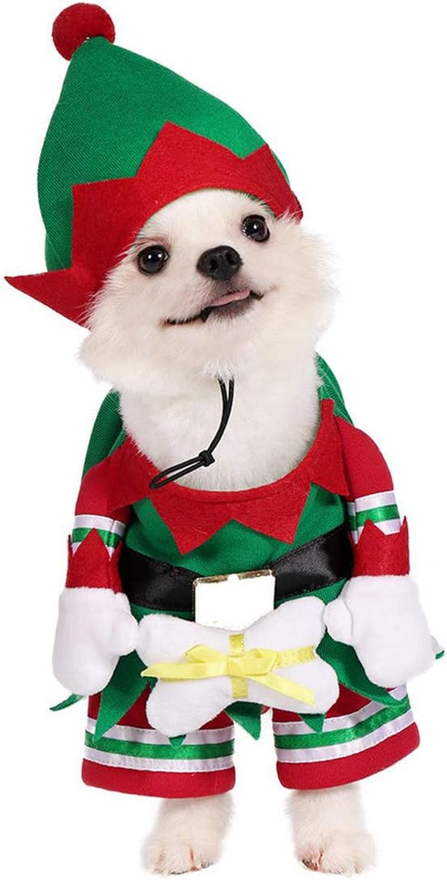 Mogoko Dog Cat Christmas Elf Costume, Funny Pet Cosplay Dress with Cap for Xmas (XL Size)