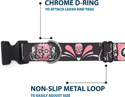 Buckle-Down Plastic Clip Collar - Sugar Skulls Gray/Pink, 1" Wide, Fits 11-17" Neck, Medium