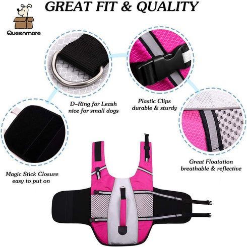 Queenmore Dog Life Jacket Swimming Vest for Small Medium Dogs, Neoprene Lightweight Reflective Kayaking Lifesaver