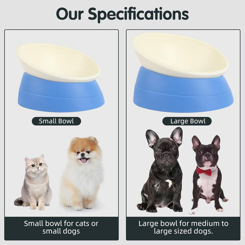 Bulldog Bowl Anti-Slip Dog Cat Dish, Detachable Rubber Pet Feeder, Tilted Base, Blue, 2 Cup