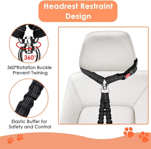 Double Dog Seat Belt, New Dual Pet Car Headrest Restraint Safety Seatbelt for 2 Dogs, Adjustable Elastic Bungee