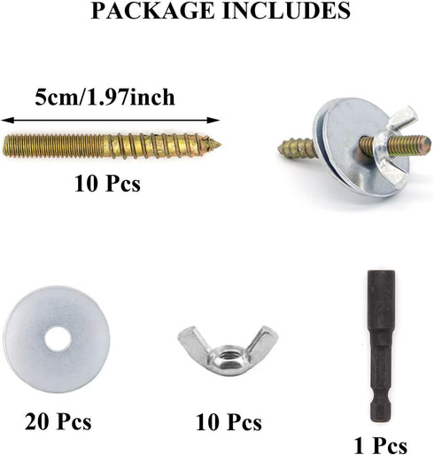 Bird Cage Screws, 20 Washers, 10 Screws, 10 Wing Nuts, Drill Tool Hardware for Bird Playground Perch