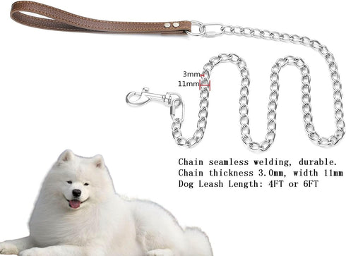 Heavy Duty Dog Chain Leash 4FT/6FT, Chew Proof Stainless Steel Link Leash for Large Medium Dogs, Adjustable Long/Short