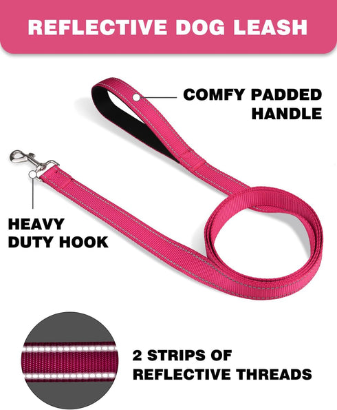 6ft Dog Leash for Small Medium Large Dogs | One-Sided Reflective Nylon | Padded Handle | 1 inch Wide | Hot Pink