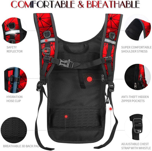 Hydration Pack, Water Backpack with 3L Hydration Bladder, Lightweight Insulation, Rave Hydration Backpack - Red