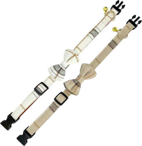 KUDES 2 Pack Dog Collars with Bow Tie and Bells, Adjustable Cute Dog Bow Ties Collar for Small Medium Large Pets (Beige