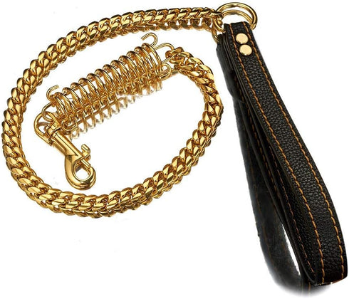 1ft, 2ft, 3ft Strong Gold Metal Cuban Curb Link Chain, 14mm Stainless Steel Dog Safety Leash, Genuine Leather Handle