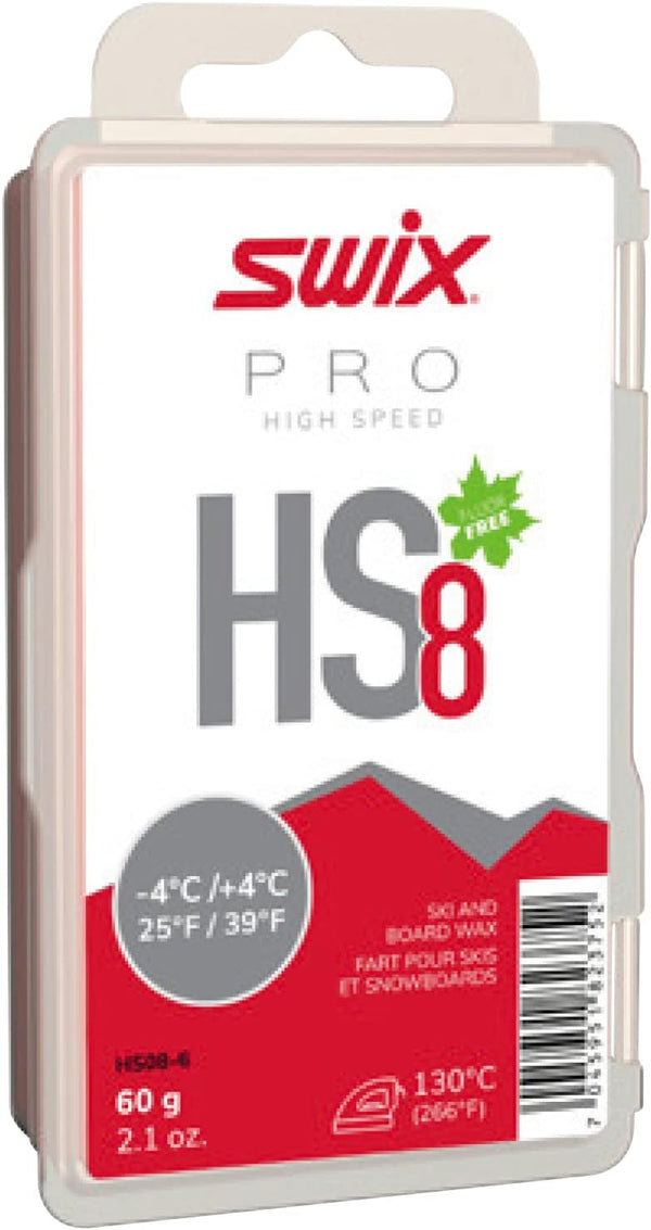 Swix HS08-6 HIGH Speed Wax, HS8 RED, 25 to 39 Degrees Fahrenheit, 60g Bar, Fluoro Free, Ski or Snowboard, FIS Approved