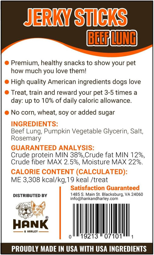 1 lb 100% Hank & Harley Jerky Sticks Beef Lung - USA Lean Protein Soft Dog Treats with Pumpkin. Natural, NO Added