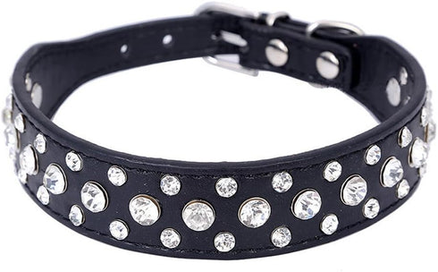 Dogs Kingdom Personalized Rhinestone Leather Bling Crystal Pet Dog Cat Collars, 12"-20" Length, Black S