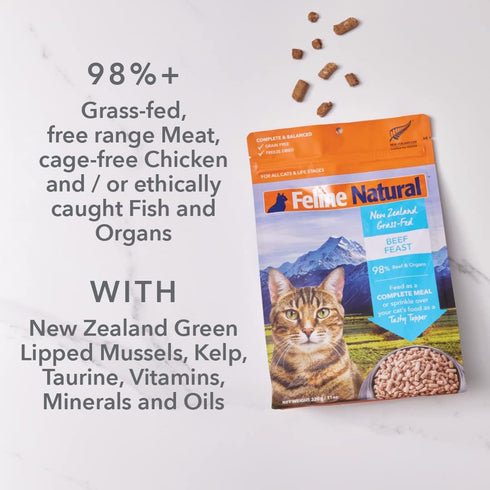 Feline Natural High Protein Dry Cat Food, 11oz Freeze-Dried Diet with 98% Meat, No Peas, Grains, or Additives
