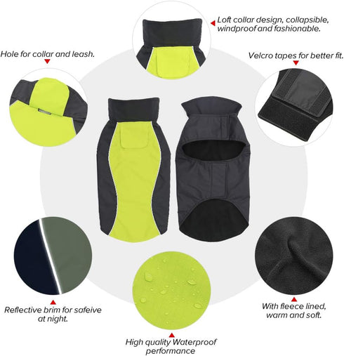 Vizpet Dog Raincoat Waterproof Coats, High Visibility Warm Vest for Small Medium Large Dogs (Green-L)