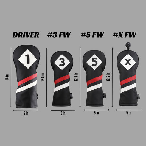 Majek Retro Golf Headcovers Black Red and White Vintage Style for 1 3 5 X Driver and Fairway