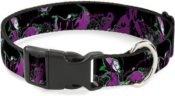 Maleficent & Diablo Black Roses/Purples Dog Collar - Buckle-Down Plastic Clip, 1.5" Wide, Fits 16-23" Neck - Medium