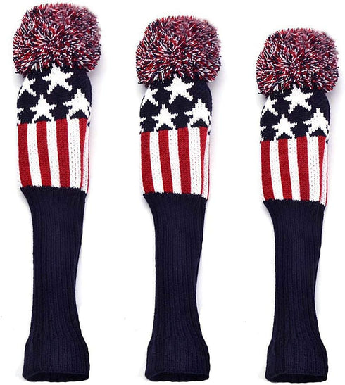 GOOACTION 3PCS Knitted Golf Head Covers 1-3-5 for Driver and Fairway Woods, Vintage Red Stars and Stripes