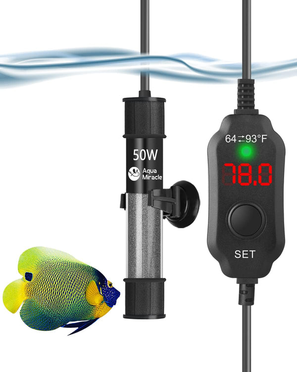 AquaMiracle Adjustable 50W Submersible Aquarium Heater, Super Short with LED Digital Display for 5-10 Gallon Tanks