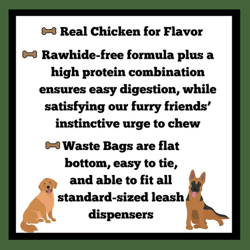 Dog Chews Bundles for Large Dogs, Dentley's 7 Inch Rawhide Free Retriever Rolls Bundle with 1 Dog Waste Roll (Chicken,