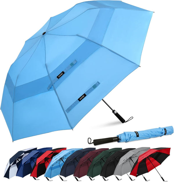 G4Free 62inch Portable Golf Umbrella, Automatic Open Large Oversize Vented Double Canopy Windproof Waterproof (Sky Blue)