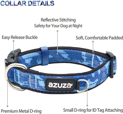 azuza Reflective Dog Collar and Leash Set, Blue Camo Padded Collar with Matching Clip Handle Leash for Small Dogs